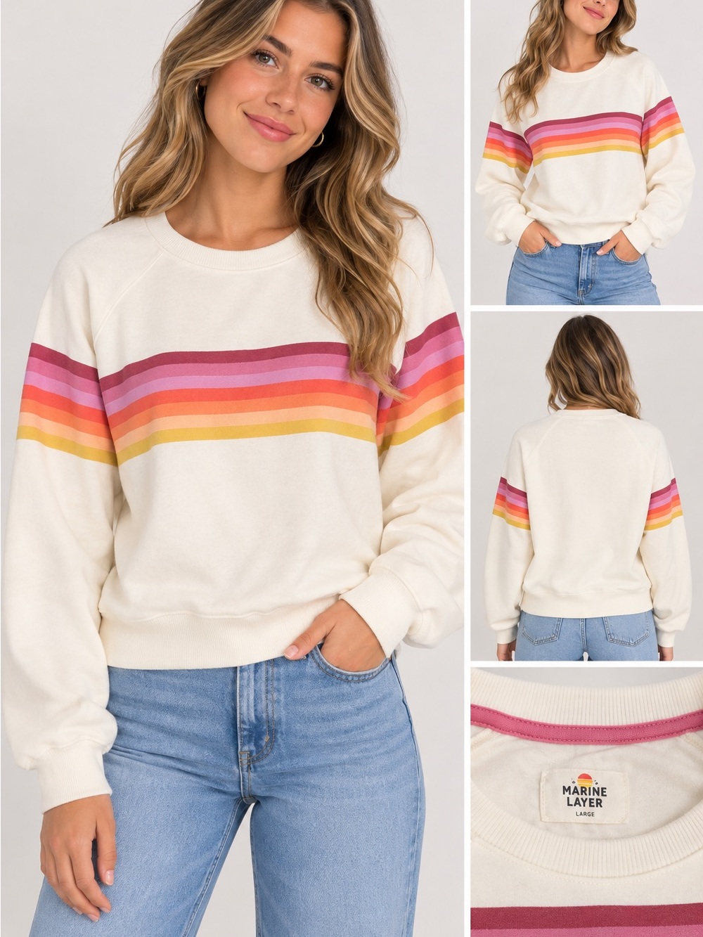 Marine Layer Cream Crewneck with Pink, Red, Orange & Yellow Stripes